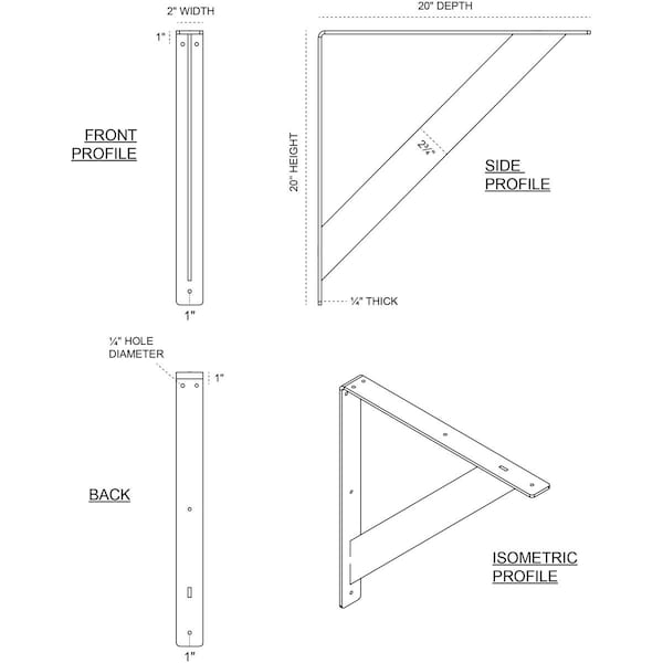 Traditional Steel Bracket, Powder Coated Black 2W X 20D X 20H